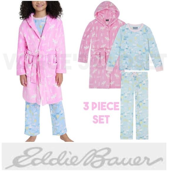 NEW! Eddie Bauer Youth 3 piece PJ Set- LS Top, Pant and Robe, Moose - Picture 1 of 14